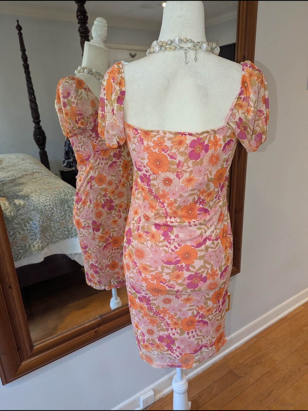 Primark Pink & Orange Floral Square-Neck Puff Sleeve Mini Dress - Picture 5 of 10
